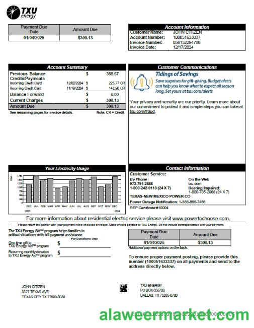 USA TXU Energy utility bill template in Word and PDF formats, version 3
